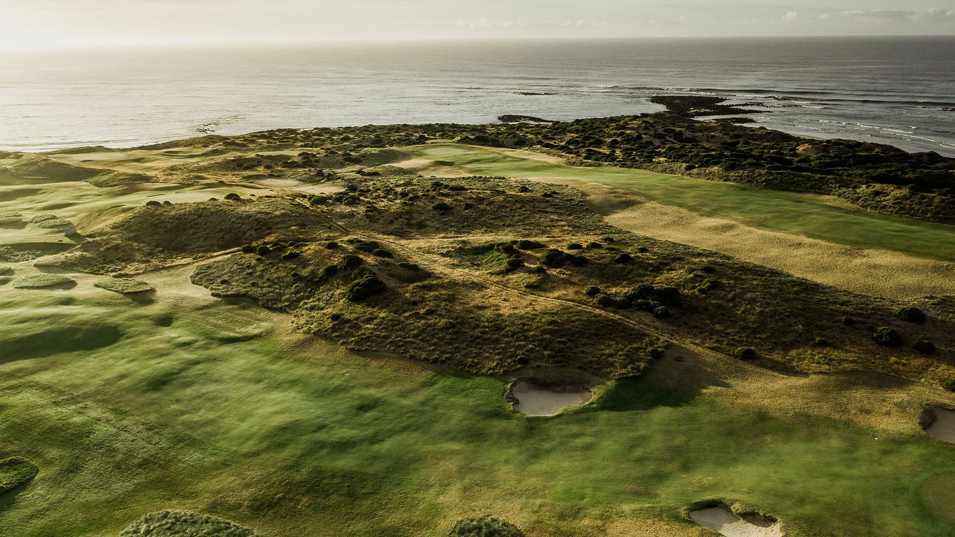 Aerial view of Port Fairy Golf Links golf course in Port Fairy, VIC