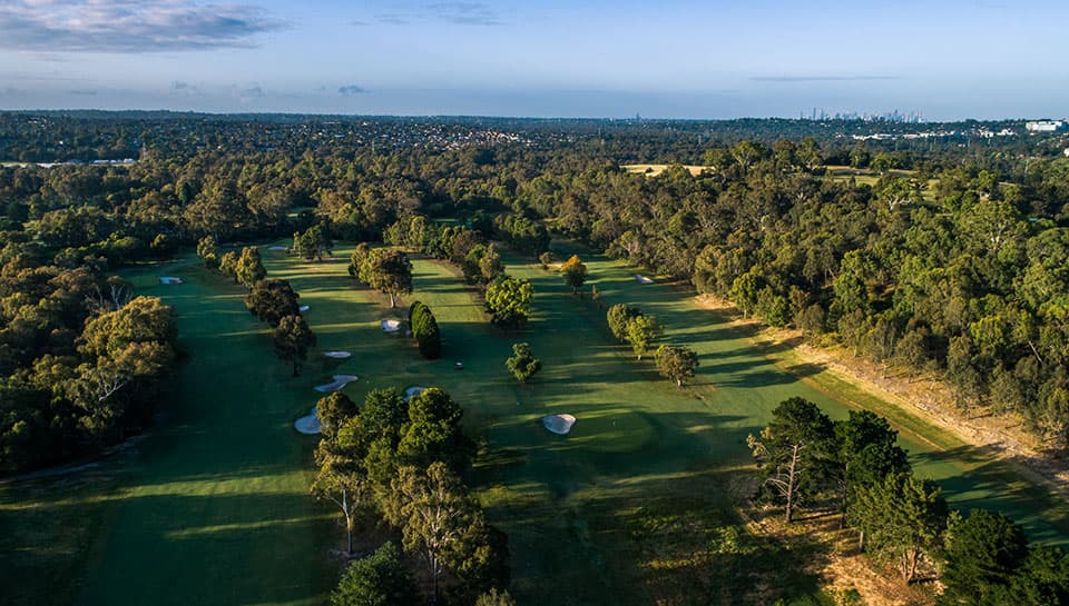Aerial view of Rosanna Golf Club golf course in Lower Plenty, VIC