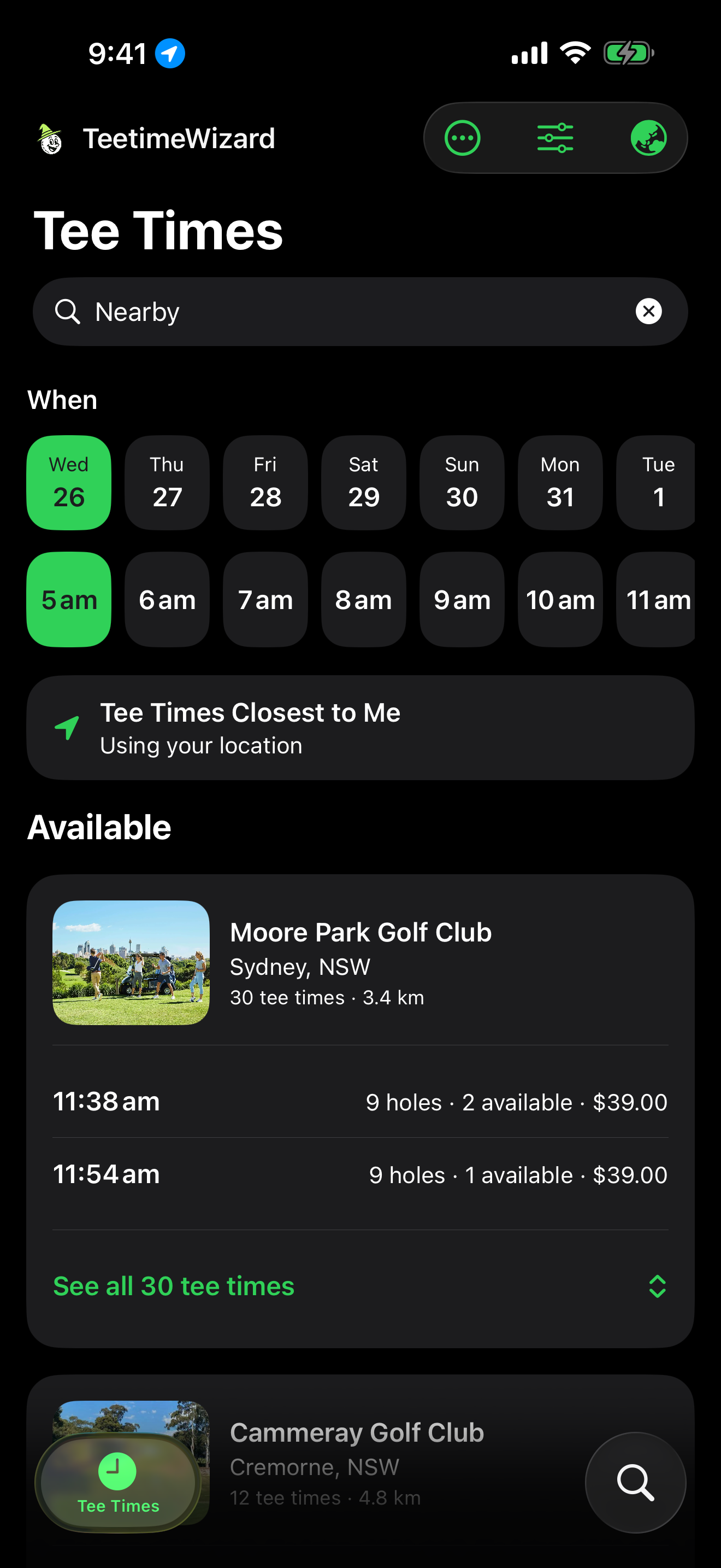 TeetimeWizard iPhone app showing date filters, nearby courses and available tee times